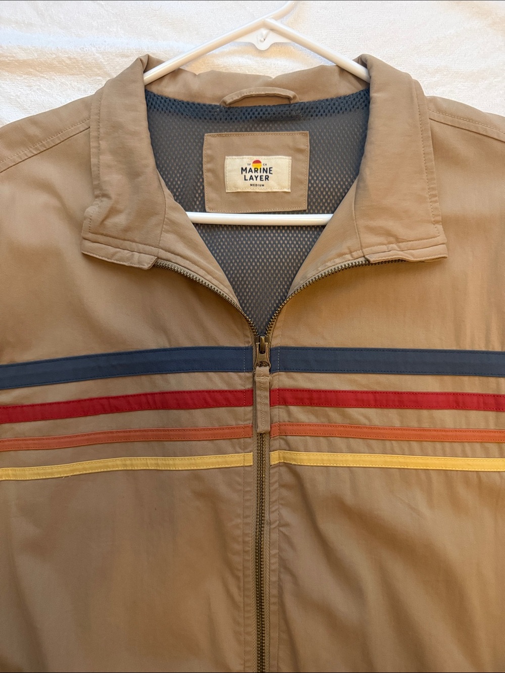 Marine Layer Lightweight Tan Windbreaker with Multi-Stripe Chest - Picture 2 of 7